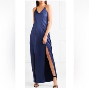 Halston Heritage Navy Blue Satin Slip Maxi V Neck Gown Slits size 2 NEW $495